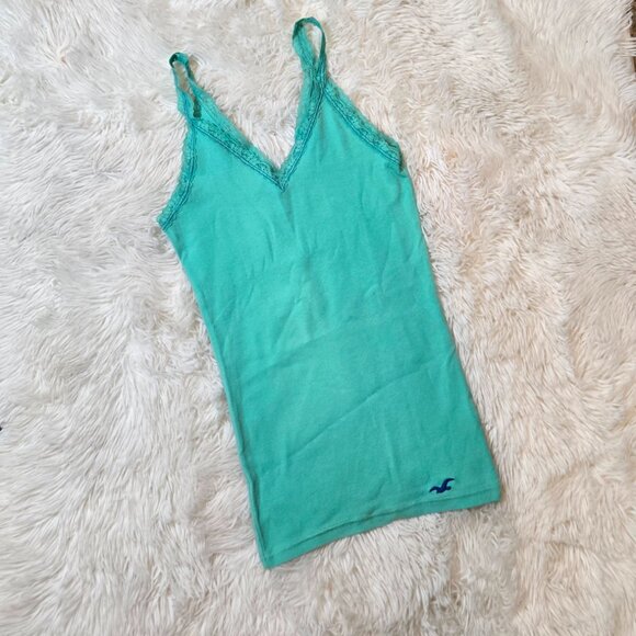 🌸Y2K Teal Blue  Vintage Hollister Lace Trim Cami Tank Top Size Small - Picture 3 of 6